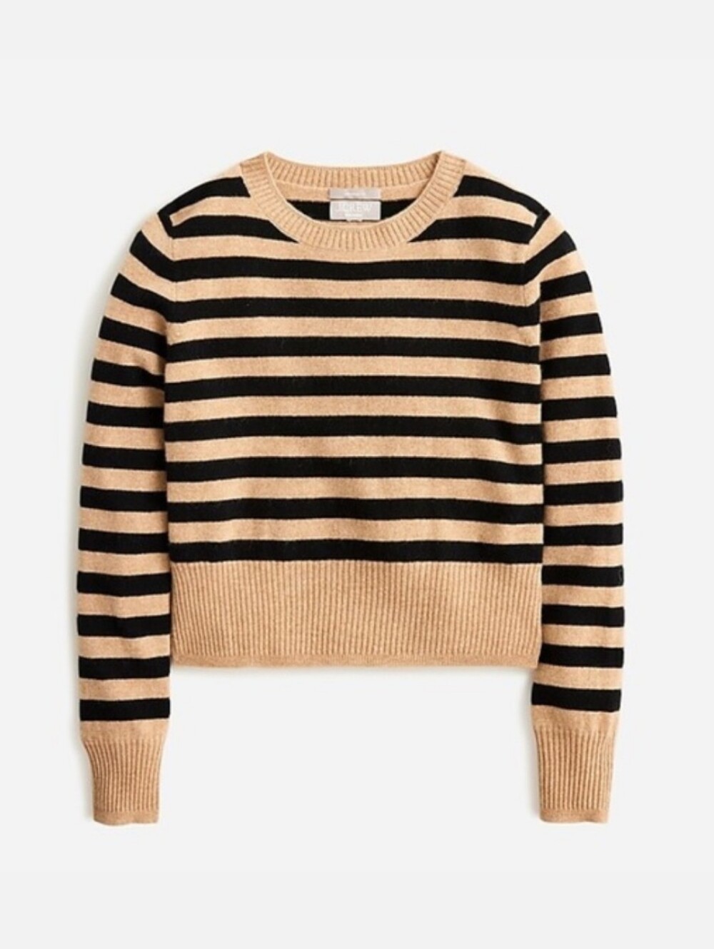 J. Crew Striped Cashmere Crewneck Crop Fit Sweater in Black and Tan